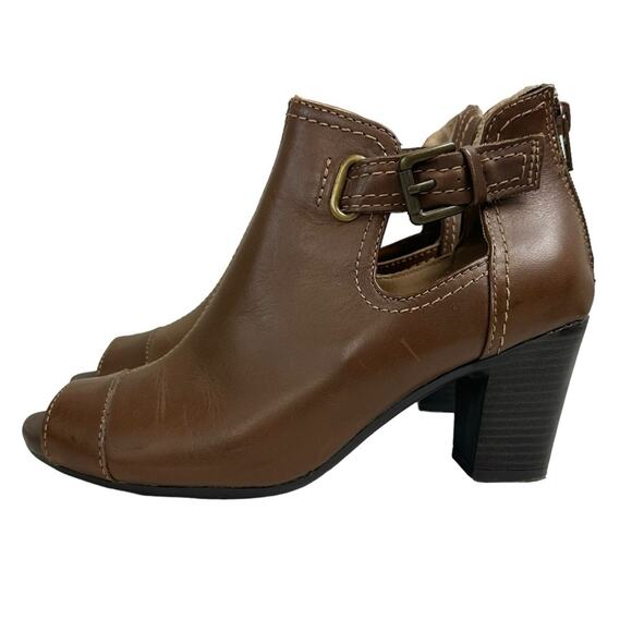 Earth Origins Sawyer Leather Peep Open Toe Heeled Bootie Brown Size 8.5 - Picture 1 of 11